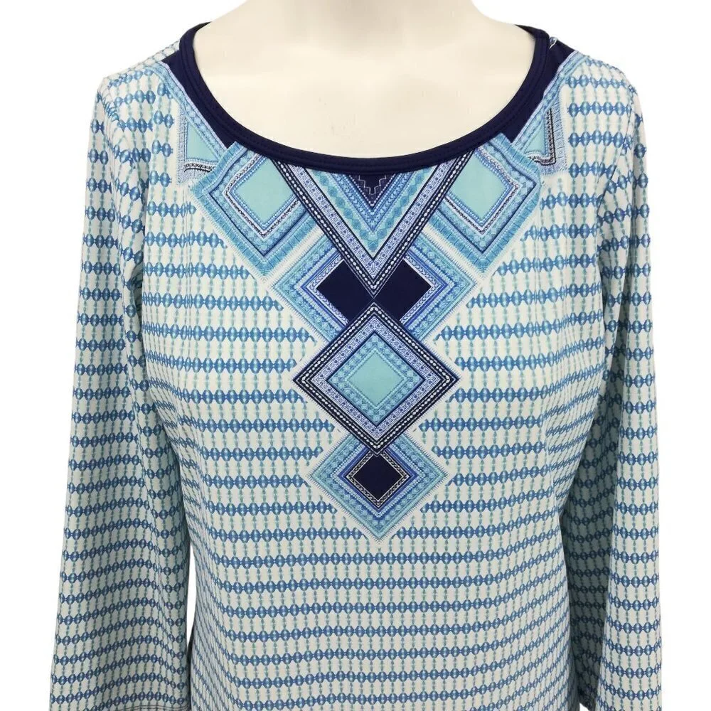 Cabana Life Stretch 3/4 Sleeve Geometric Dress Size M Blue UPF Shift Resort